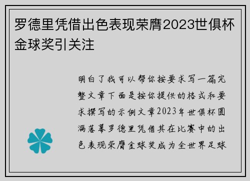 罗德里凭借出色表现荣膺2023世俱杯金球奖引关注